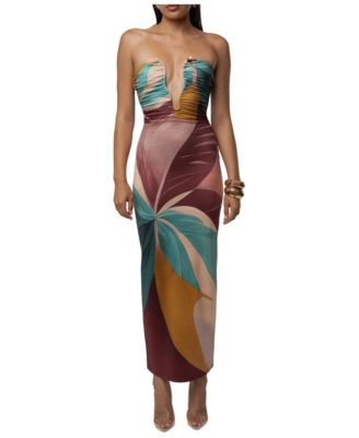 Women's Palm Mirage Strapless Plunging-Neckline Tropical-Print Midi Dress
