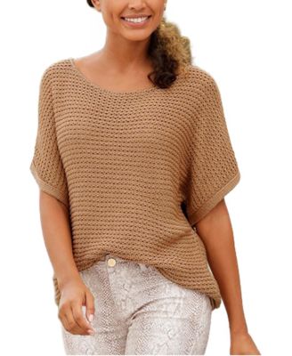 Women's Scoop Neck Short Dolman-Sleeve Open-Knit Sweater