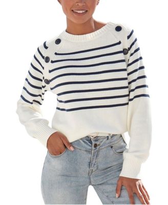 Women's Striped Button-Detail Raglan Knit Sweater