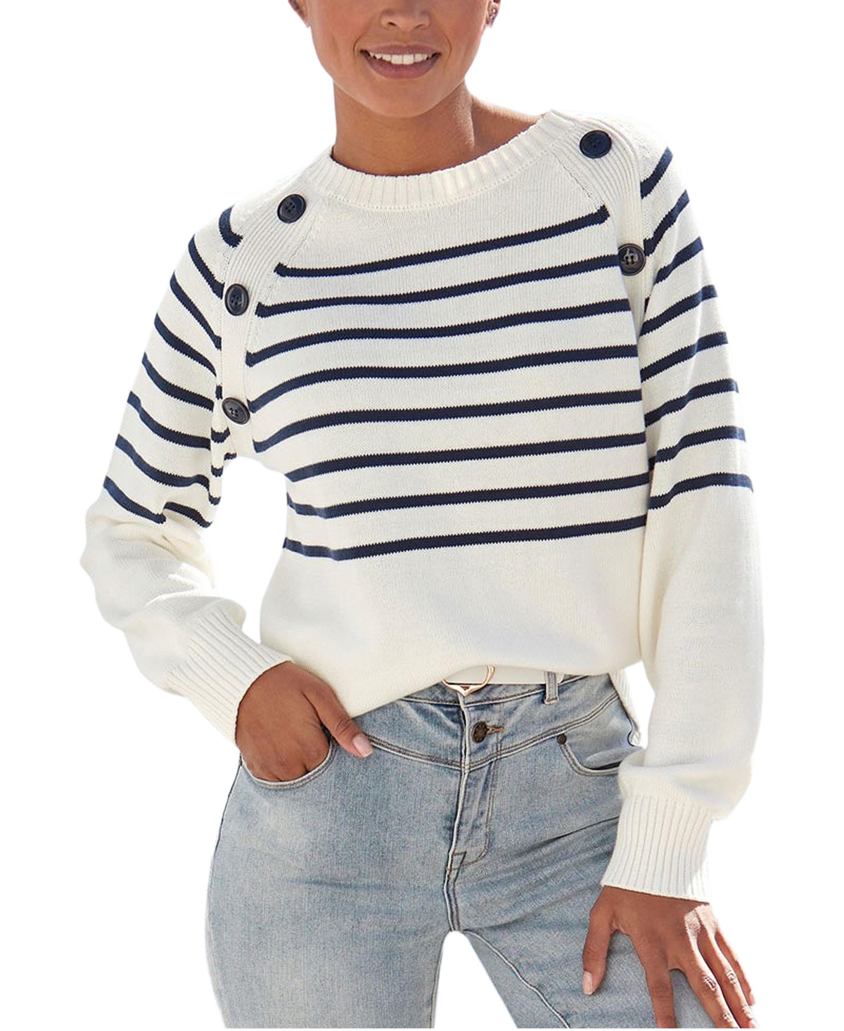 Lascana Women's Striped Button-Detail Raglan Knit Sweater - White  navy