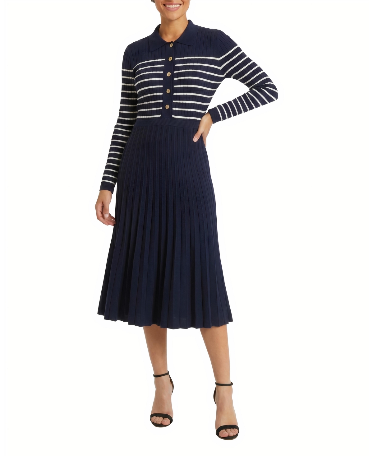London Times Petite Polo Sweater Ribbed Knit A-Line Dress - Peacoat Navy/canoli Cream