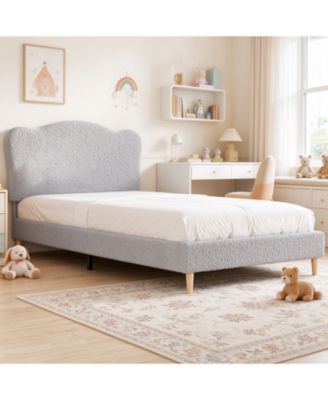 Twin and Full Size Upholstered Kids Platform Bed Frame with Scalloped Headboard, Wooden Slat Support for Boys Girls Bedroom