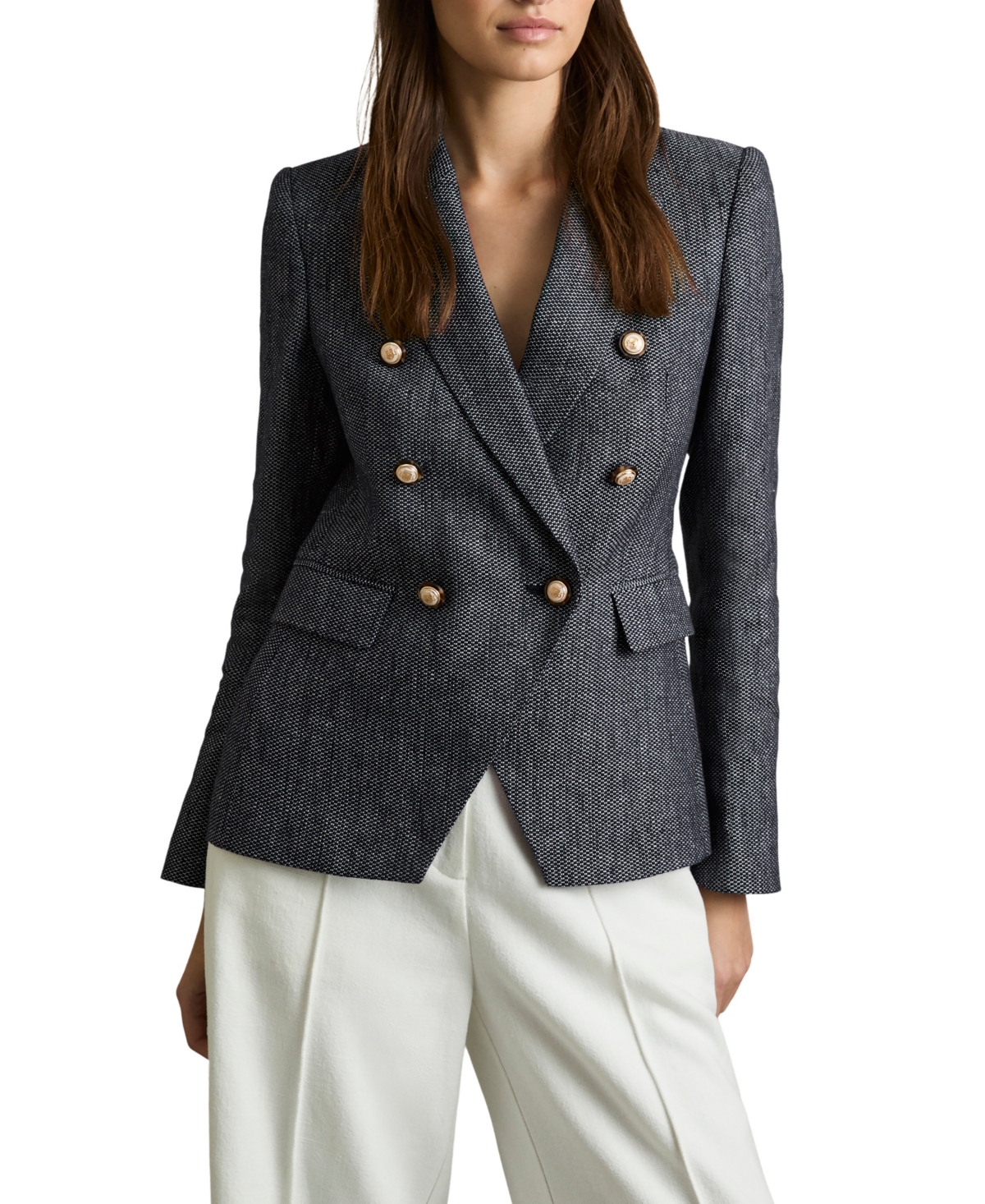 Reiss Women's Baker Double-Breasted Linen-Cotton Peak Lapel Blazer - Navy