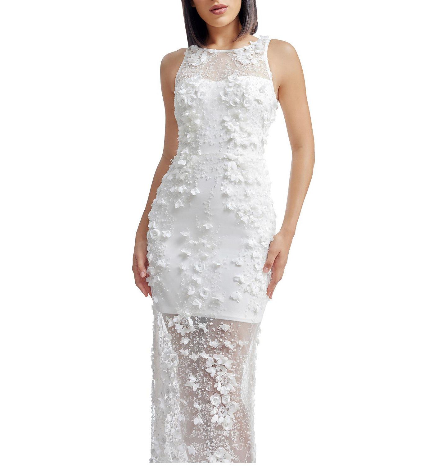 Женское платье Dress the Population Helena High Neck 3D Floral Applique Midi, цвет: Белый — фото 6