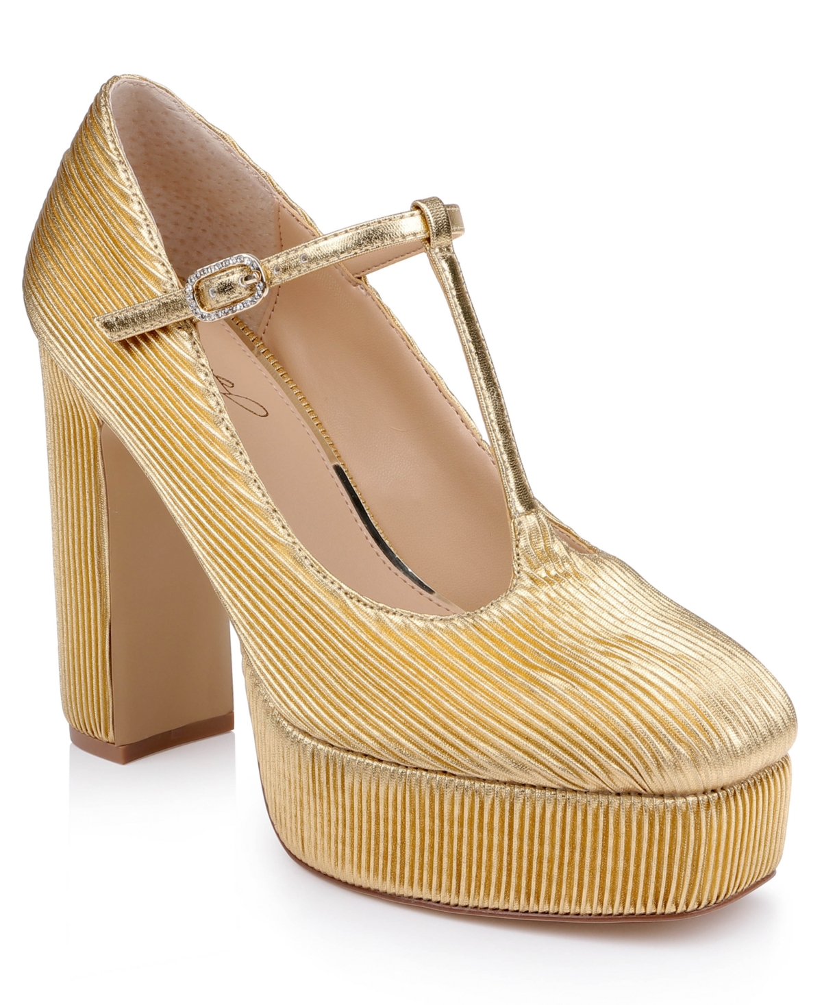 Jewel Badgley Mischka Women's Banks Square Toe Block Heel Platform Pumps - Gold Fabric