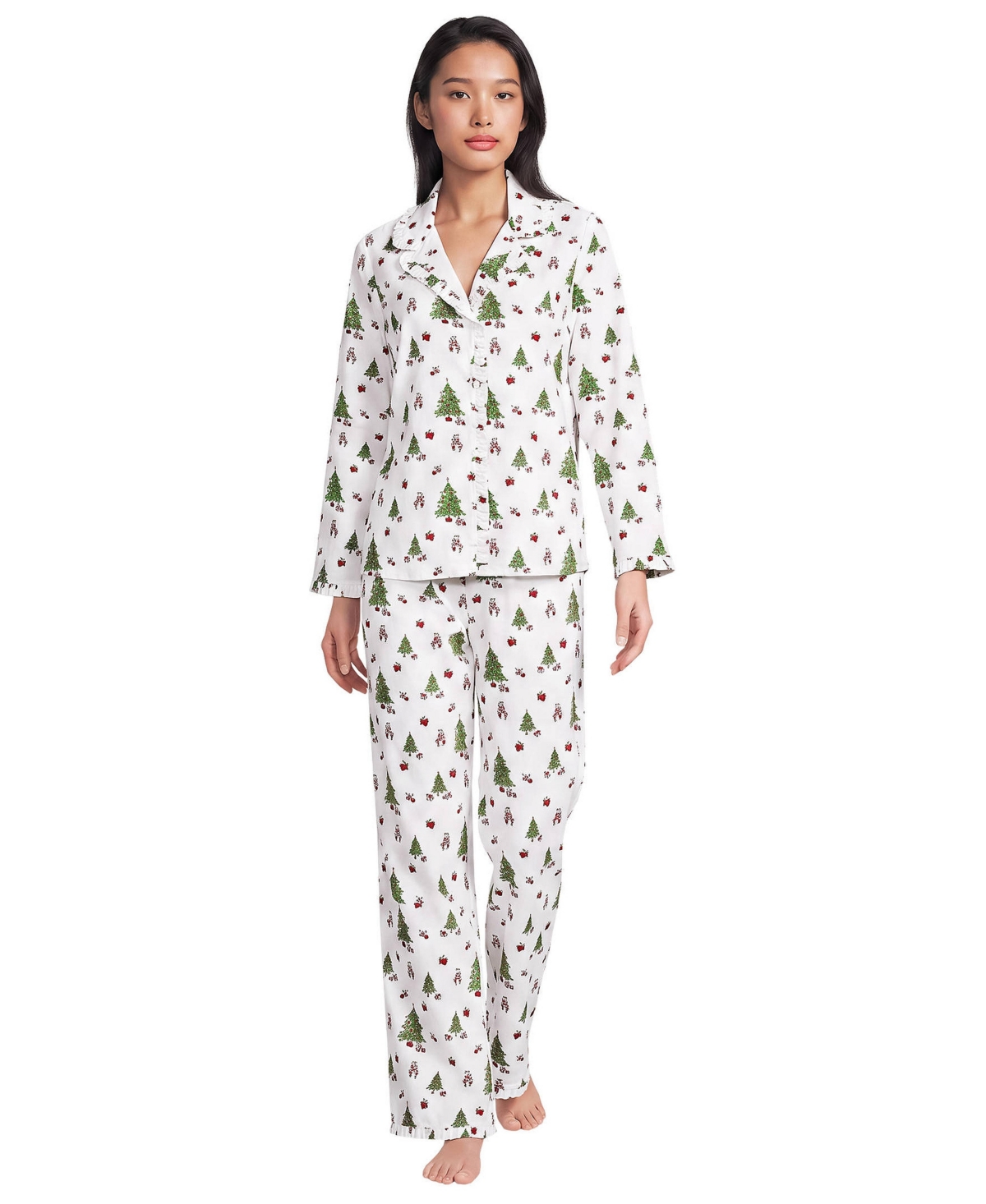 Lands' End Women's Long-Sleeve Button-Front Ruffle Cotton Poplin Top and Pants, 2-Piece Set - Holiday trees/ivory
