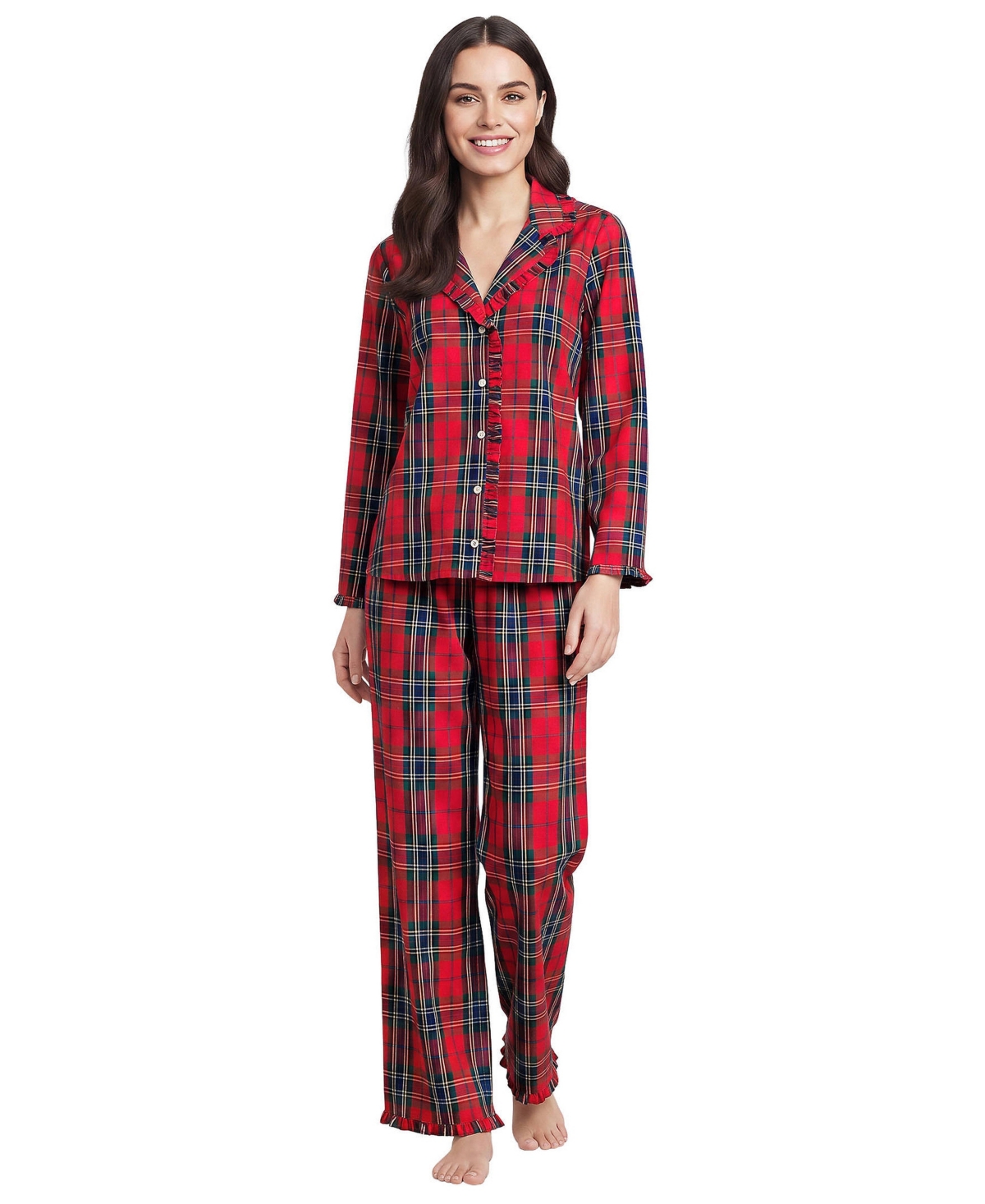 Lands' End Women's Long-Sleeve Button-Front Ruffle Cotton Poplin Top and Pants, 2-Piece Set - Compass red/pine plaid
