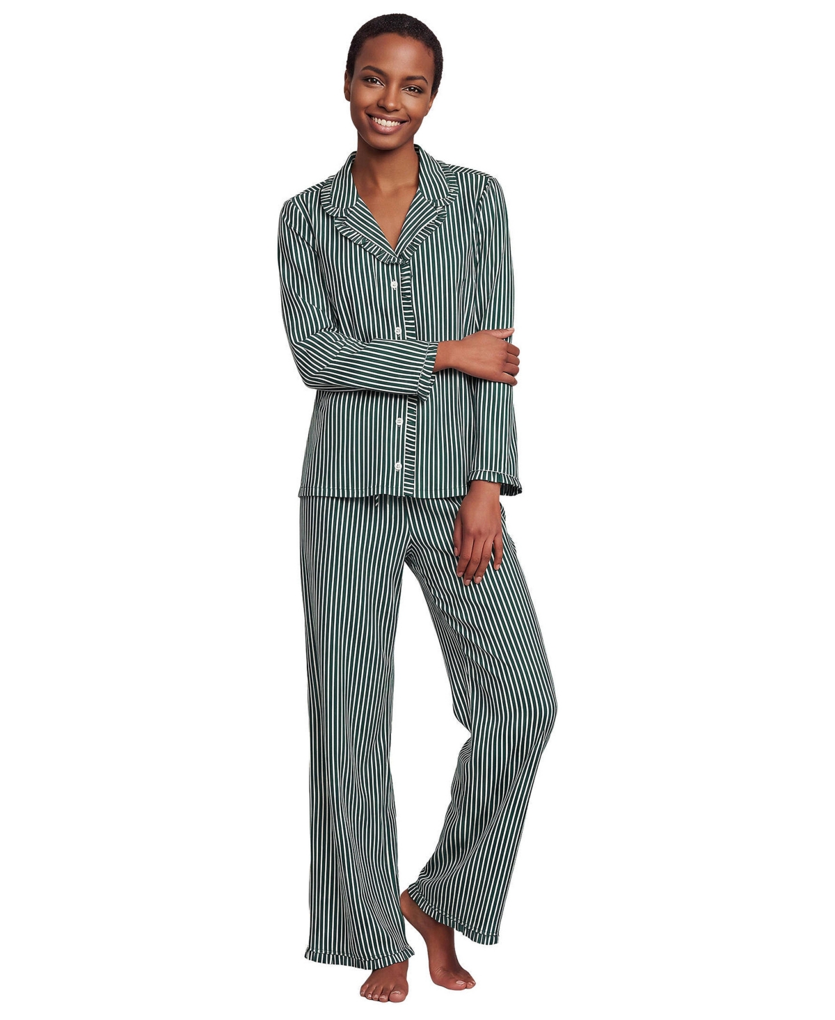 Lands' End Women's Long-Sleeve Button-Front Ruffle Cotton Poplin Top and Pants, 2-Piece Set - Pine/white micro stripe