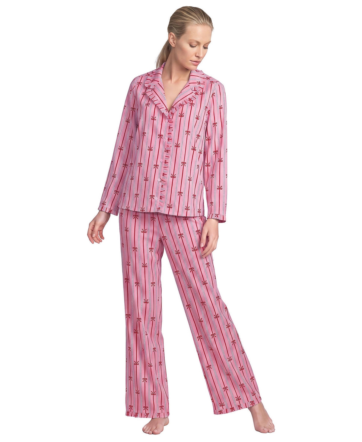 Lands' End Women's Long-Sleeve Button-Front Ruffle Cotton Poplin Top and Pants, 2-Piece Set - Bows/seaside pink