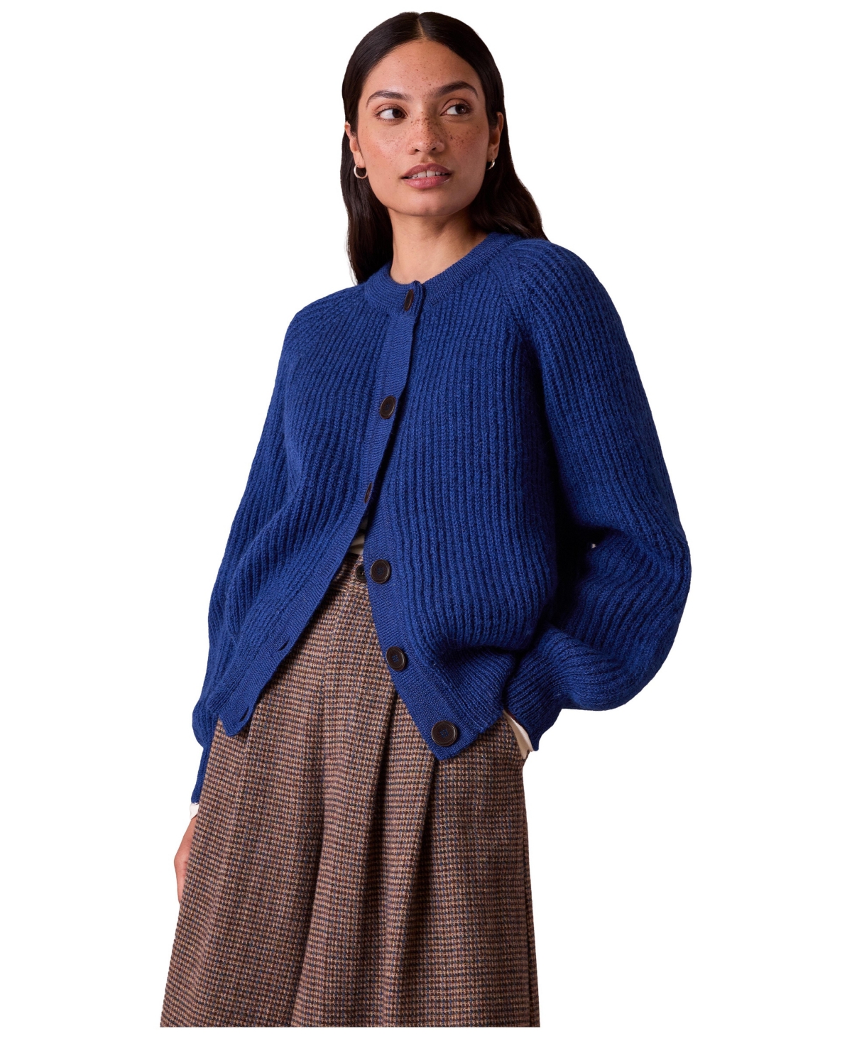 Celtic & Co. Women's Crewneck Ribbed Wool Cardigan - Cobalt