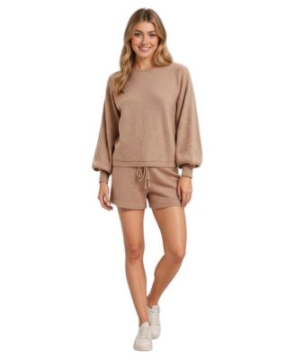 Women's Thea Balloon-Sleeve Drawstring Lounge Pullover and Shorts, 2-Piece Set