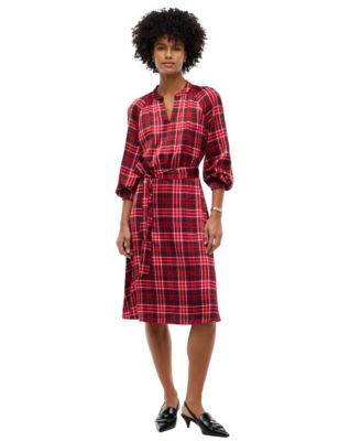 Women's Fluid Tartan Balloon-Sleeve Midi Dress