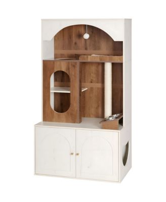 Wooden Cat Tree with Litter Box Cabinet and Climbing Activity Center