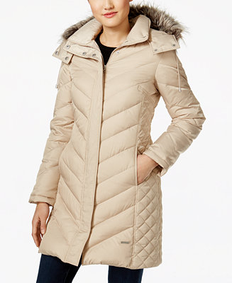 Kenneth Cole Womens Belted Snap Front Puffer with Faux Fur Trimmed Hood