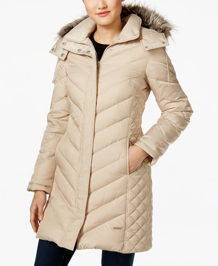 Kenneth Cole - Faux-Fur-Trim Chevron Quilted Down Coat