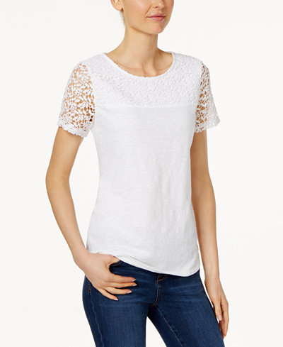 Charter Club Short-Sleeve Lace-Yoke Top, Only at Macy's