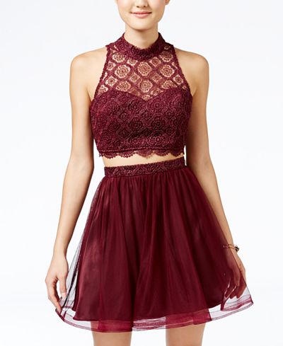 Sequin Hearts Juniors' 2-Pc. Lace Party Dress