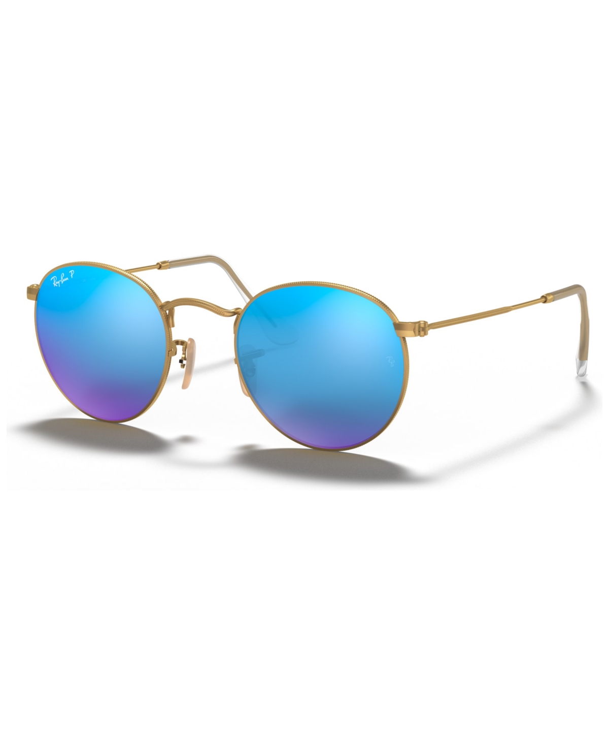 Shop Ray Ban Polarized Sunglasses, Rb3447 Round Flash Lenses In Gold Matte,blue Mirror Polar