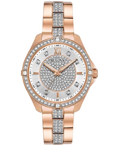 Bulova Women's Dress Crystal Rose Gold-Tone Stainless Steel Bracelet Watch 35mm 98L229