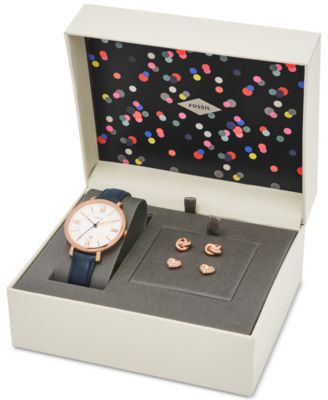 Fossil - Women's Jacqueline Blue Leather Strap Watch & Stud Earrings Box Set 36mm ES4140SET