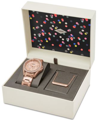 Fossil Women s Riley Rose Gold Tone Stainless Steel Bracelet Watch Necklace Box Set 38mm ES4138SET First at Macy s Macy s