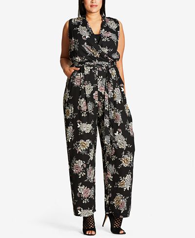 City Chic Trendy Plus Size Floral-Print Wide-Leg Jumpsuit
