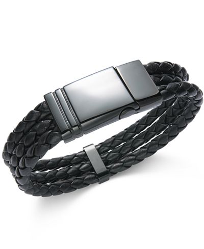 Sutton by Rhona Sutton Men's Black Stainless Steel Triple Row Braided Leather Bracelet