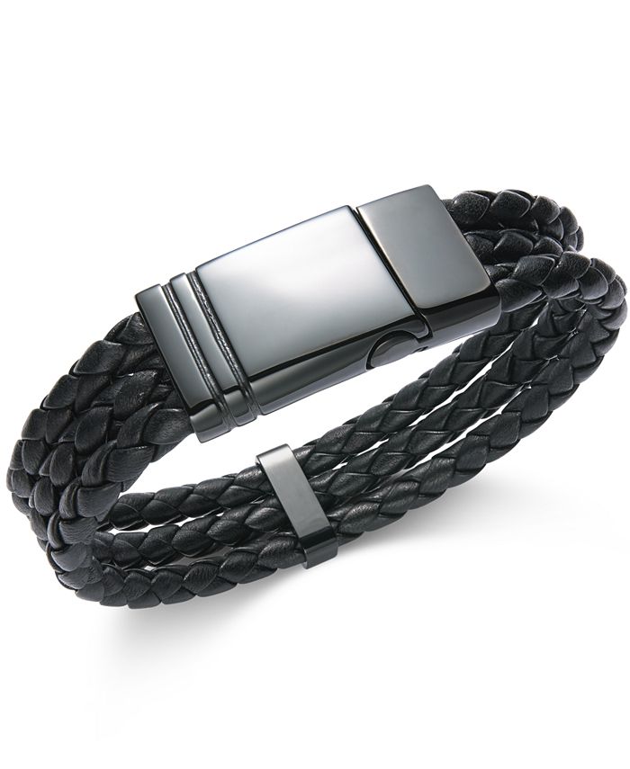 Sutton by Rhona Sutton - Men's Black Stainless Steel Triple Row Braided Leather Bracelet