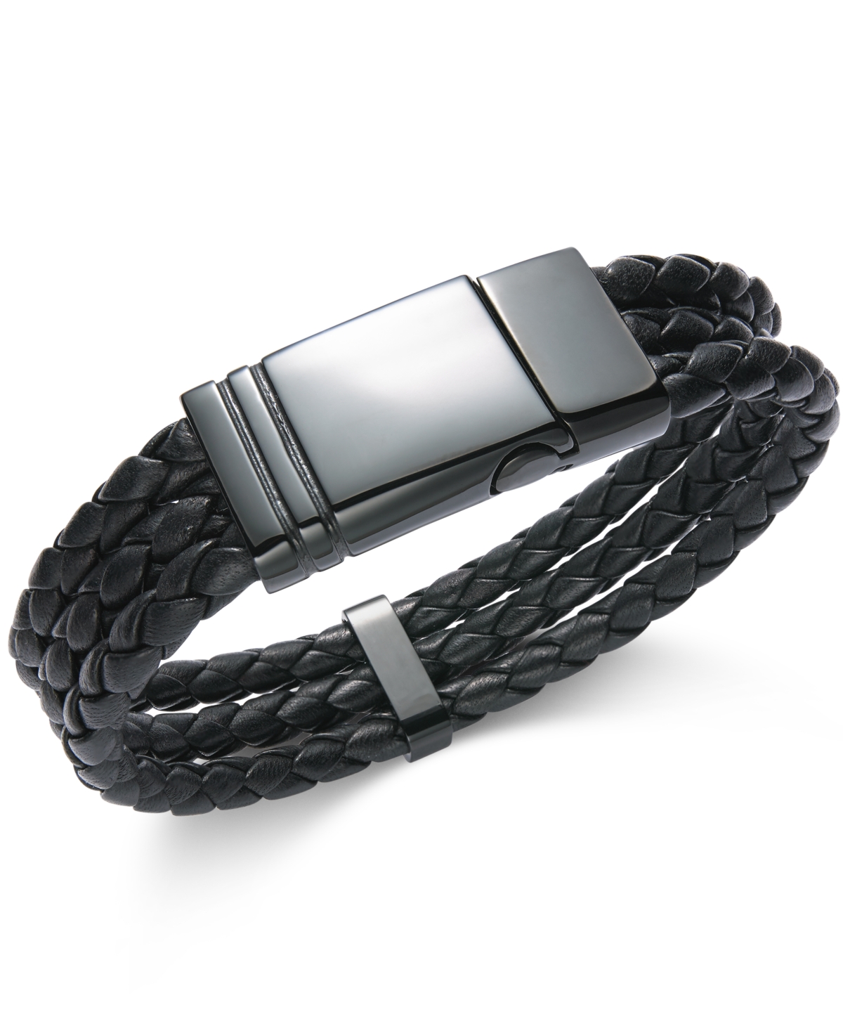 Men's Black Stainless Steel Triple Row Braided Leather Bracelet - Black