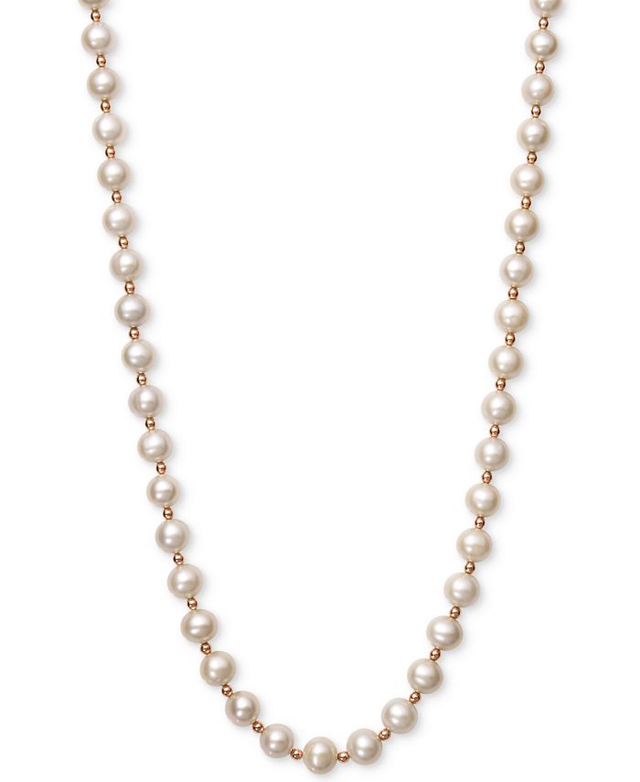 Belle de Mer - White Cultured Freshwater Pearl (7-1/2mm-8-1/2mm) and Gold Bead (3mm) Collar Necklace in 14k Rose Gold