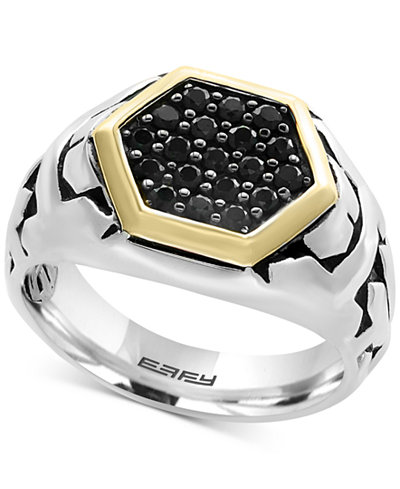 EFFY® Men's Black Sapphire Ring (7/8 ct. t.w.) in Sterling Silver and 18k Gold