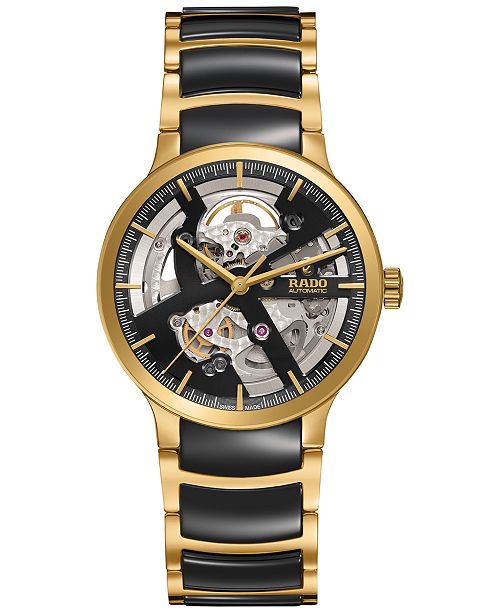 Rado Men S Swiss Automatic Centrix Open Heart Black Ceramic And Gold Tone Stainless Steel Bracelet Watch 38mm R30180162 Reviews All Fine Jewelry Jewelry Watches Macy S
