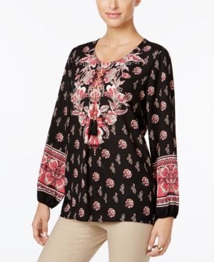Jm Collection Petite Printed Laced-Detail Top, Only at Macy'