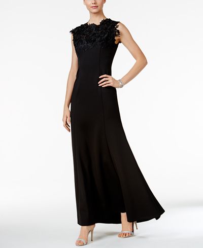 SL Fashions Floral Lace Illusion Scuba Gown