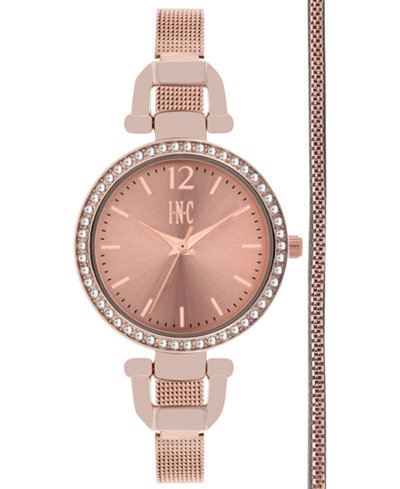 INC International Concepts Women's Rose Gold-Tone Stainless Steel Mesh Bracelet Watch & Bracelet Box Set 32mm IN014RG, Only at Macy's