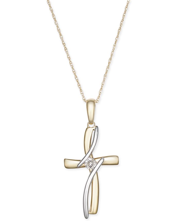 Macy's Diamond Accent Cross Pendant Necklace in 10k Yellow and White