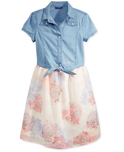 GUESS Denim-Top Floral-Print Dress, Big Girls (7-16)