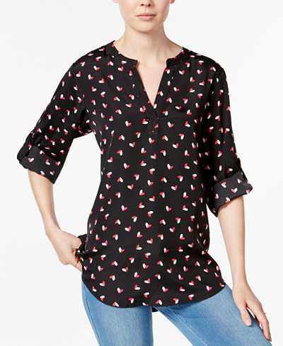 Maison Jules Heart-Print Roll-Tab Blouse, Only at Macy's