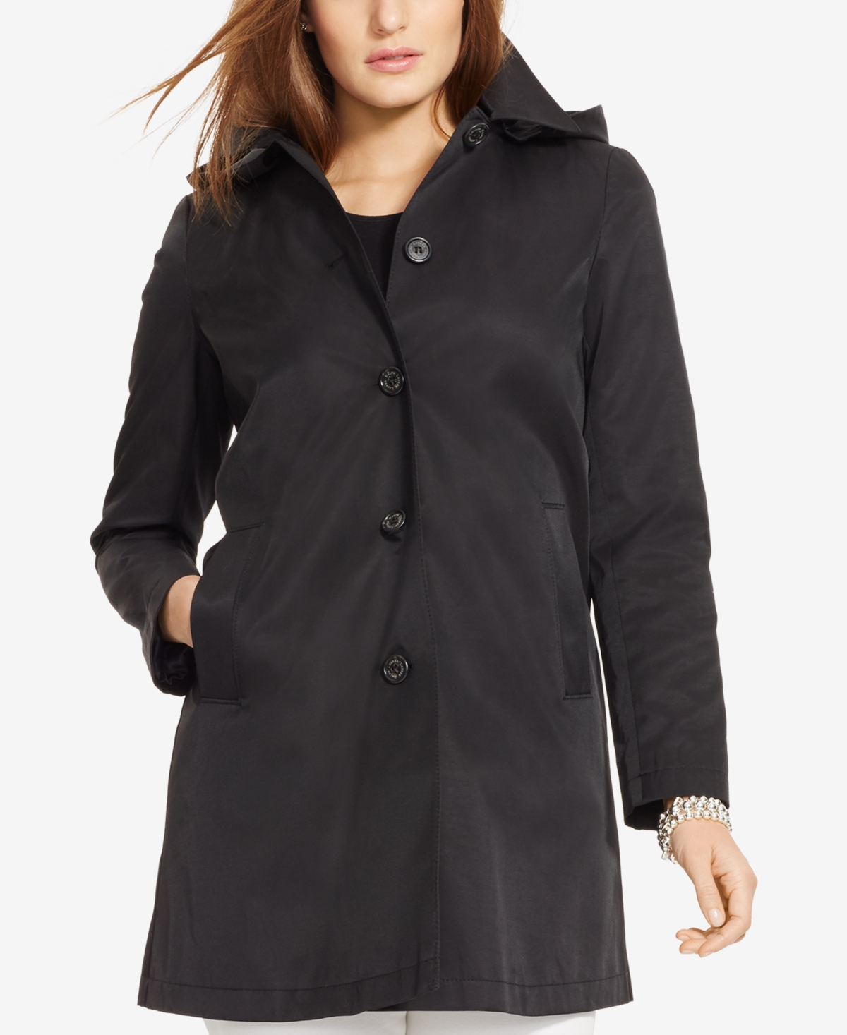 Ralph Lauren Womens Plus Size Hooded A-line Raincoat, Created For Macys In Black