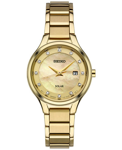 Seiko Women's Dress Solar Diamond-Accent Gold-Tone Stainless Steel Bracelet Watch 29mm SUT320