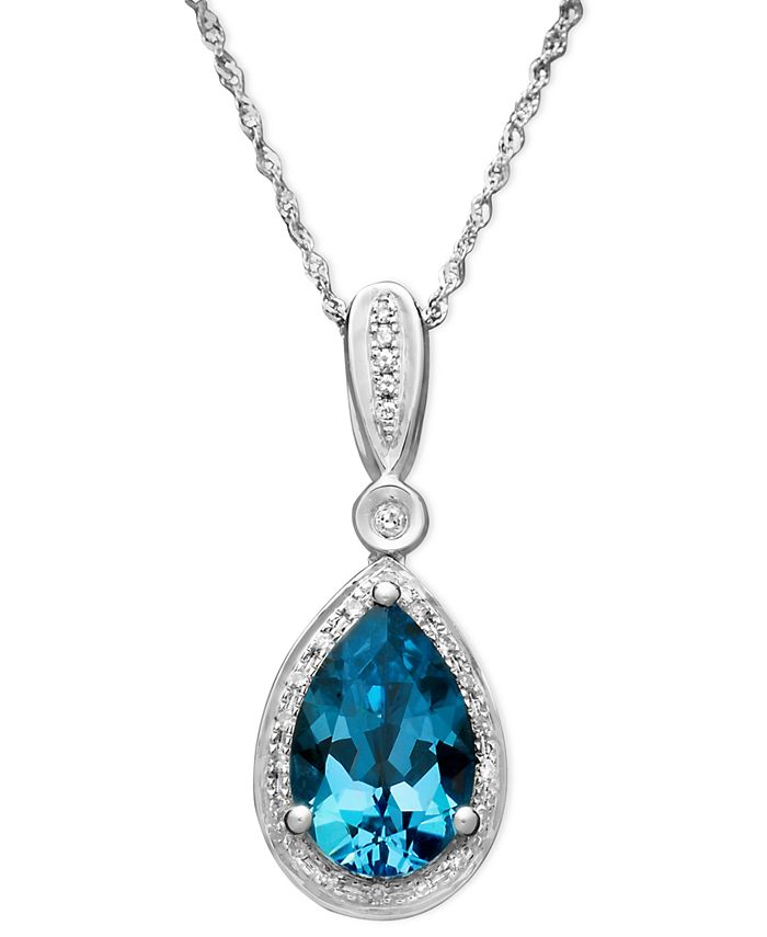 Macy's - Blue Topaz (3 ct. t.w.) and Diamond (1/10 ct. t.w.) Teardrop Pendant Necklace in 14k White Gold (Also in Mystic Topaz)