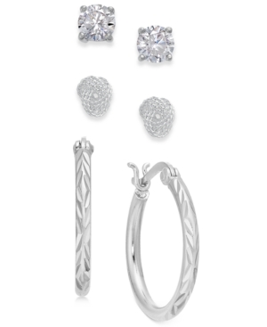 image of Giani Bernini Sterling Silver 3-Pc. Set Cubic Zirconia Stud & Hoop Earrings, Created for Macy-s