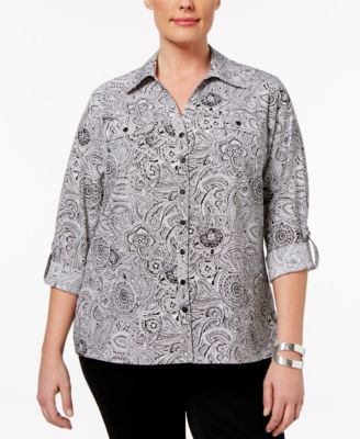 NY Collection - Plus Size Dot-Print Utility Blouse