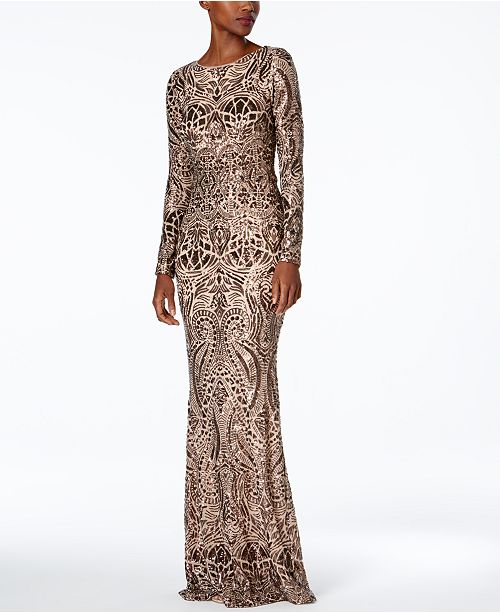 Betsy & Adam Long-Sleeve Sequined Gown & Reviews - Dresses - Women - Macy&#39;s