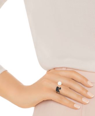 Swarovski Rose Gold-Tone Imitation Pearl and Black Pavé Swan Ring