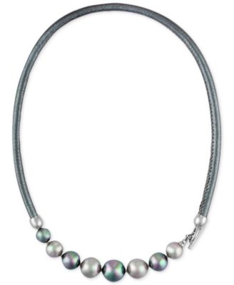 Majorica - Silver-Tone Gray Imitation Pearl Leather Collar Necklace