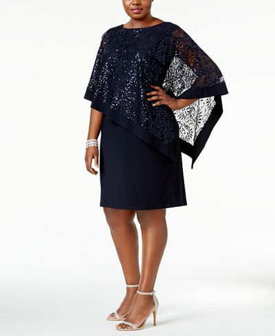 R & M Richards Plus Size Sequined Lace Cape Dress - Dresses - Women ...