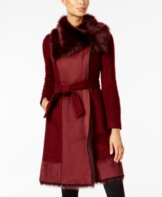 Vince Camuto - Faux-Fur-Trim Mixed-Media Coat