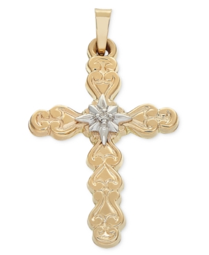image of Diamond Accent Two-Tone Filigree Cross Pendant in 14k Gold & White Gold