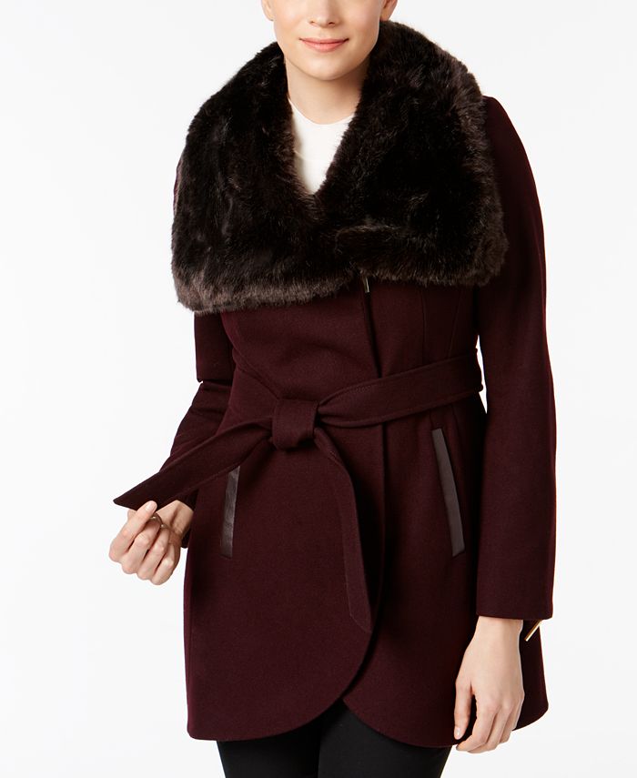 French connection asymmetrical best sale faux fur puffer